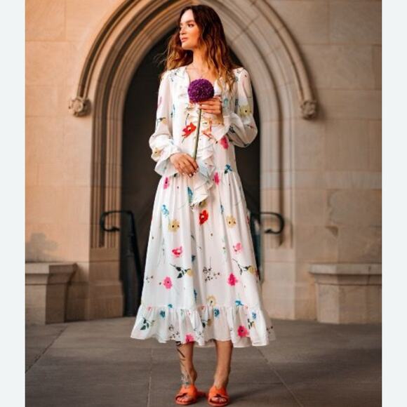 Olivia Rubin Lily White Chiffon Ruffle Floral Midi Dress 6 NWT $560 - Picture 4 of 12